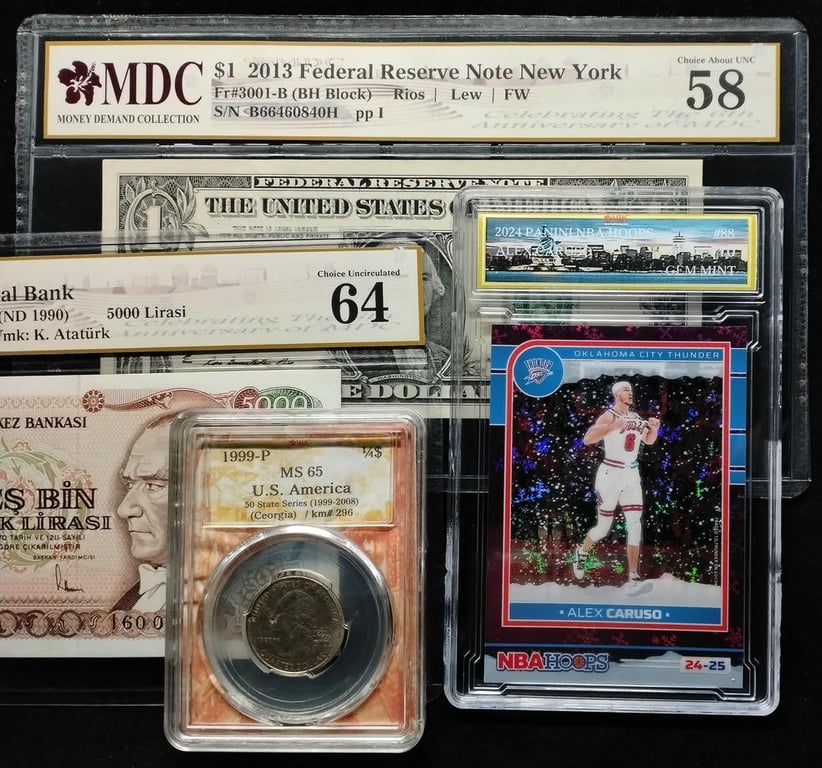 4pcs Mixed Lot: NBA Hoops / America / Turkey. 2024 / 1999-P / 1970 / 2013 | Alex Caruso / Quarter Dollars / 5000 Lirasi / 1 Dollar | MDC 10 Gem Mint / MS 65 / 64 / 58 | Serial : No.88 & I60 099900 & B6646840H | KM#296. P#198. Fr#3001-B.