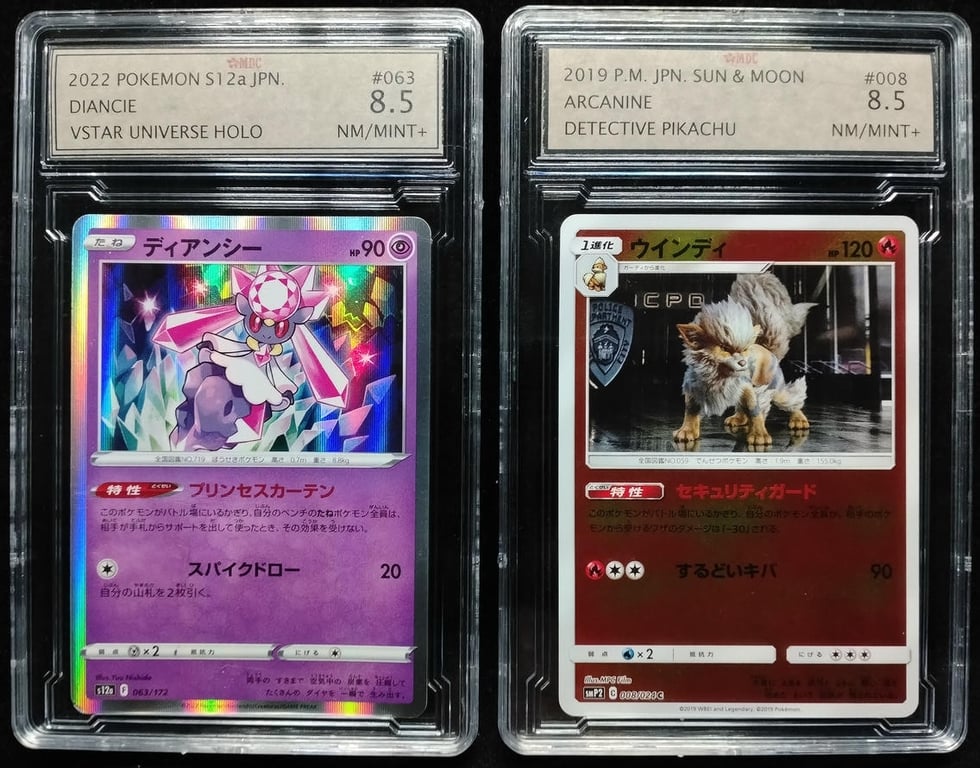 2pcs Lot: Pokemon. 2022 / 2019 | Diancie / Arcanine | MDC 8.5 NM Mint+ | Serial : 063/172 & 008/024 C |