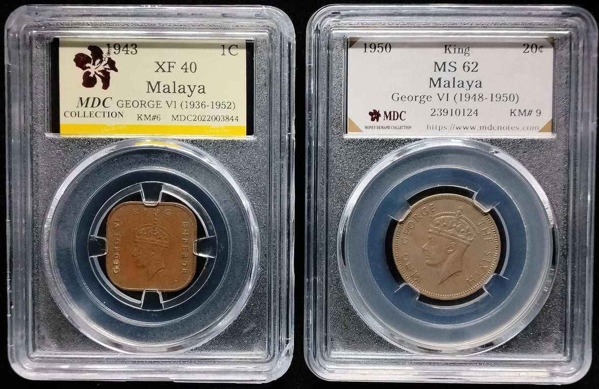 2pcs Lot: Malaya. 1943 / 1950 | 1 Cent / 20 Cents | MDC XF 40 / MS 62 | KM#6. KM#9.