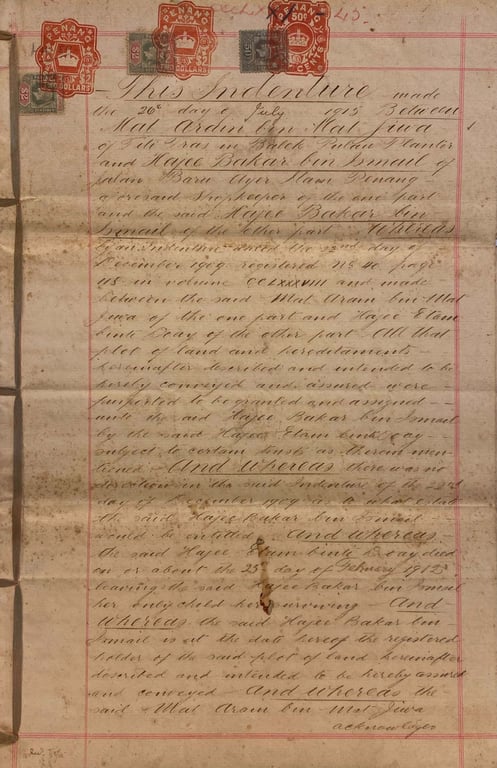 Straits Settlements (Penang, Malaysia), 1915, Penang Land Indenture Document Featuring Rare High-Value $2, $500, & 50 Dollars Revenue Markings