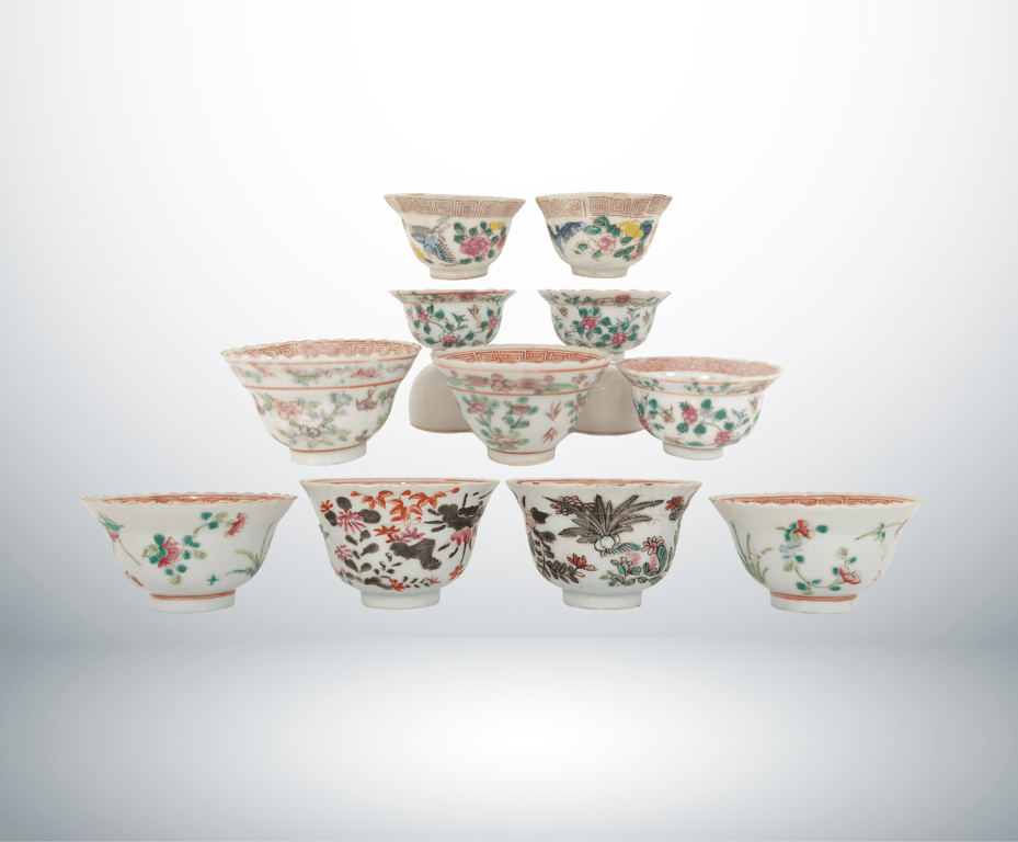 Late Qing Dynasty A Group of White Ground Flowers Birds Straits Chinese Tea Cups
晚清 一组白地花卉鸟禽侨生华人茶杯, Qty - 11