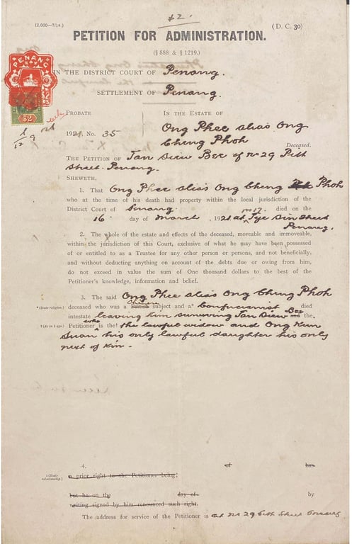 Straits Settlements (Penang, Malaysia), 1921, Penang Legal Petition for Administration Featuring $2 "PENANG" Embossed Revenue Marking