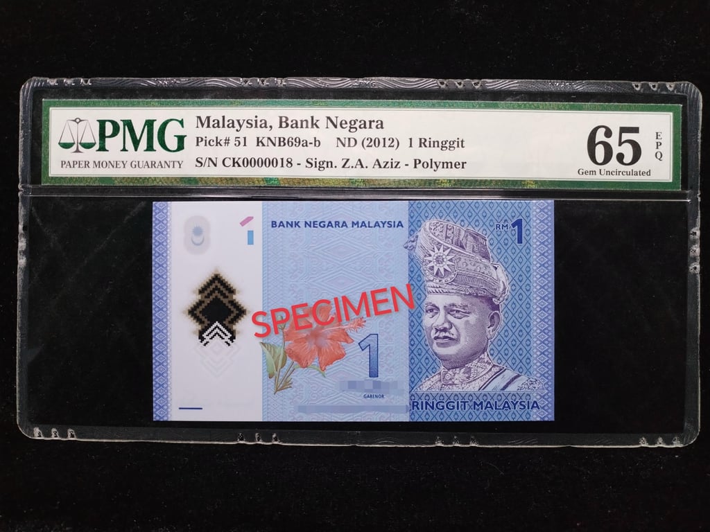 Malaysia，2012，1 Ringgit，CK0000018，Tan Sri Dato' Sri Dr. Zeti Akhtar Aziz，PMG 65 EPQ，Qty 1