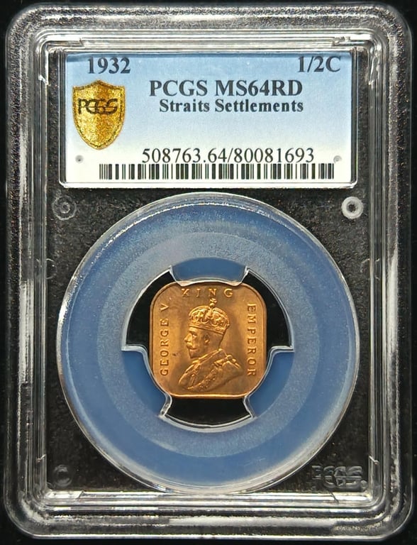 Straits Settlements. 1/2 cent. 1932. PCGS MS 64 RD