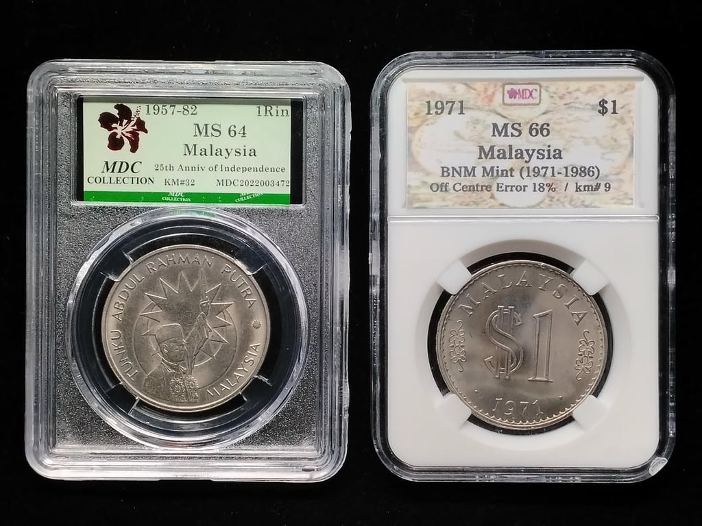 Malaysia, 1957 & 1971, 1 Ringgit, 25th Anniv of Independence / MDC MS 64 & BNM Mint ( 1971 - 1986 ) / MDC MS 66, 2 Qty