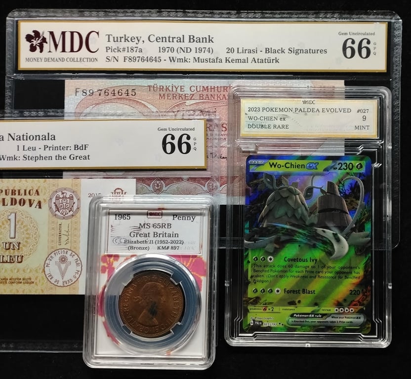 4pcs Mixed Lot: Pokemon / Singapore / Moldova / Kyrgyzstan. 2025 / 2011 / 2015 / 1999 | 1 Dollar / 1 Leu / 1 Som | MDC MS 65 / 66 GPQ / 45 | Serial : A0291 100208 / BF4695441 | KM#103. P#21. P#15