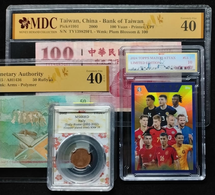 4pcs Mixed Lot: Match Attax / Italy / Maldives / Taiwan. China. 2024 / 2002 / 2015 / 2000 | Power Limited Edition LE1 / 2 Euro / 50 Rufiyaa / 100 Yuan | MDC 10 Gem Mint / MS 66 RD / 40 GPQ / 40 | Serial : A318607 & TY139829FL | KM#16. P#28a. P#1991.