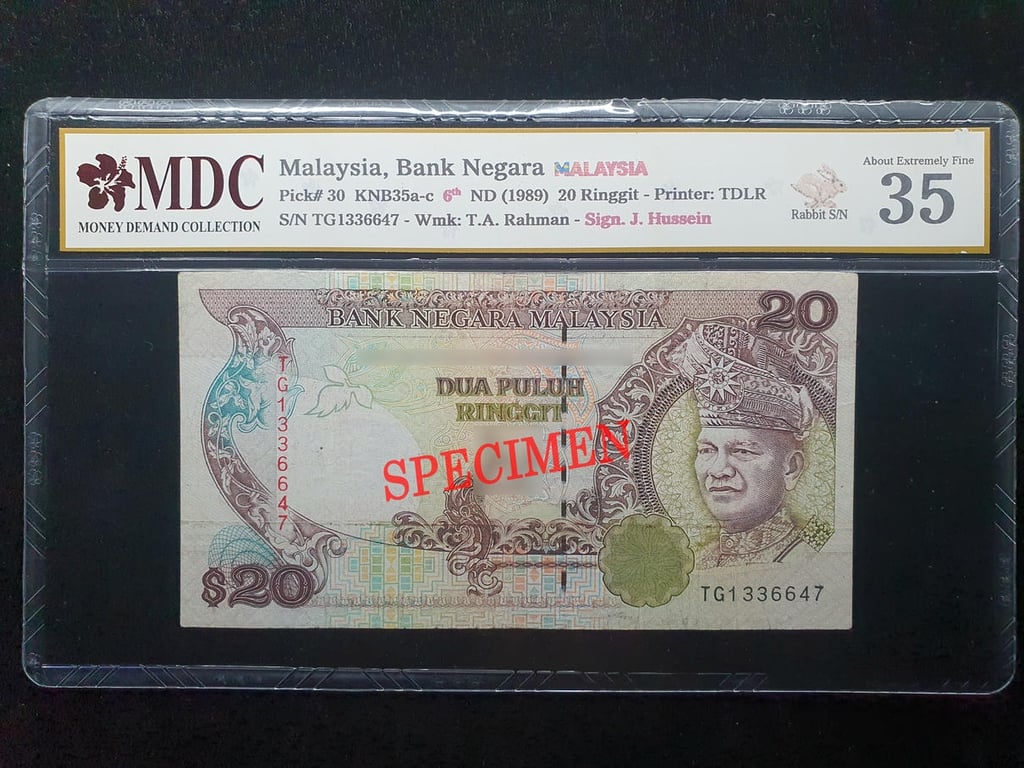 Malaysia，20 Ringgit，1989，TG 1336647，Sign.J.Hussein，MDC 35，Rabbit S/N#33&66's，1 Qty 