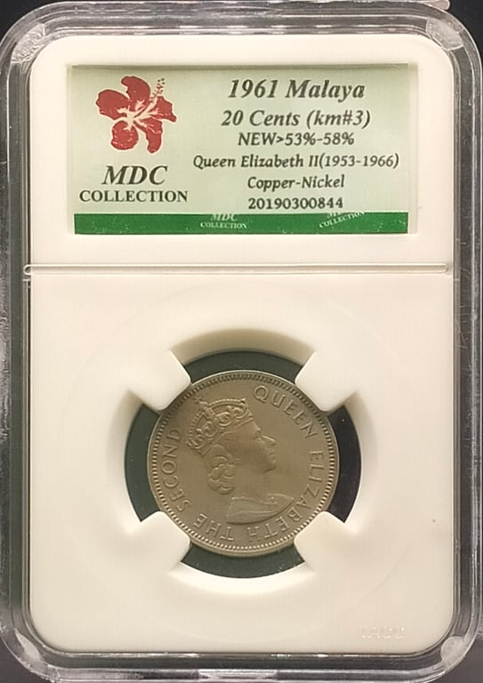 Malaya, 1961, 20 Cents, Queen Elizabeth II, Copper Nickel, MDC 53%-58%, Qty-1