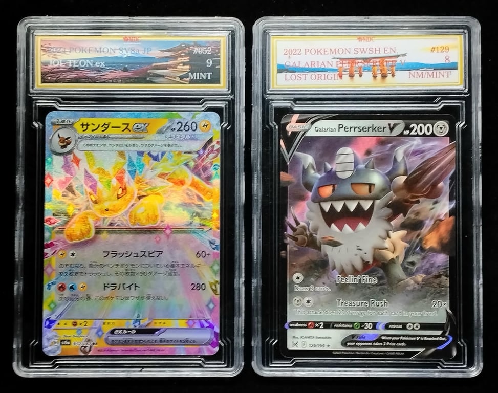 2pcs Lot: Pokemon 2024 / 2022 | Jol Teon ex & Galarian Perrserker V | 052/187RR & 129/196★ | MDC 9 MINT / 8 NM/MINT