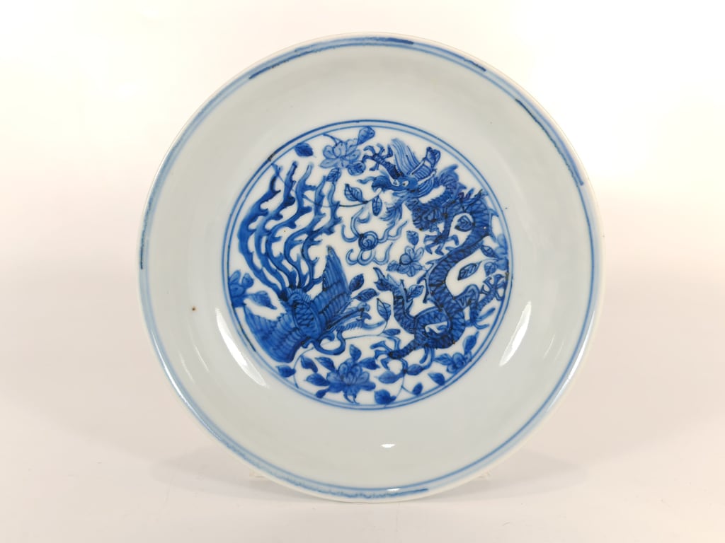⭐ 明万历 青花龙凤纹盘 Ming Dynasty Wanli Blue and White Dragon Phoenix Plate, Qty-1