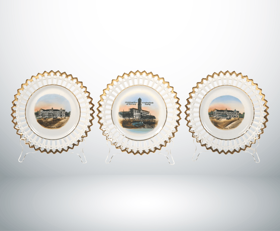 Early 20th Century Topographic Penang Plates - inscribed L.M.S.R. Clock Towers and Quay & Landing Goods Penang and Municipal Office, Penang, Qty - 3