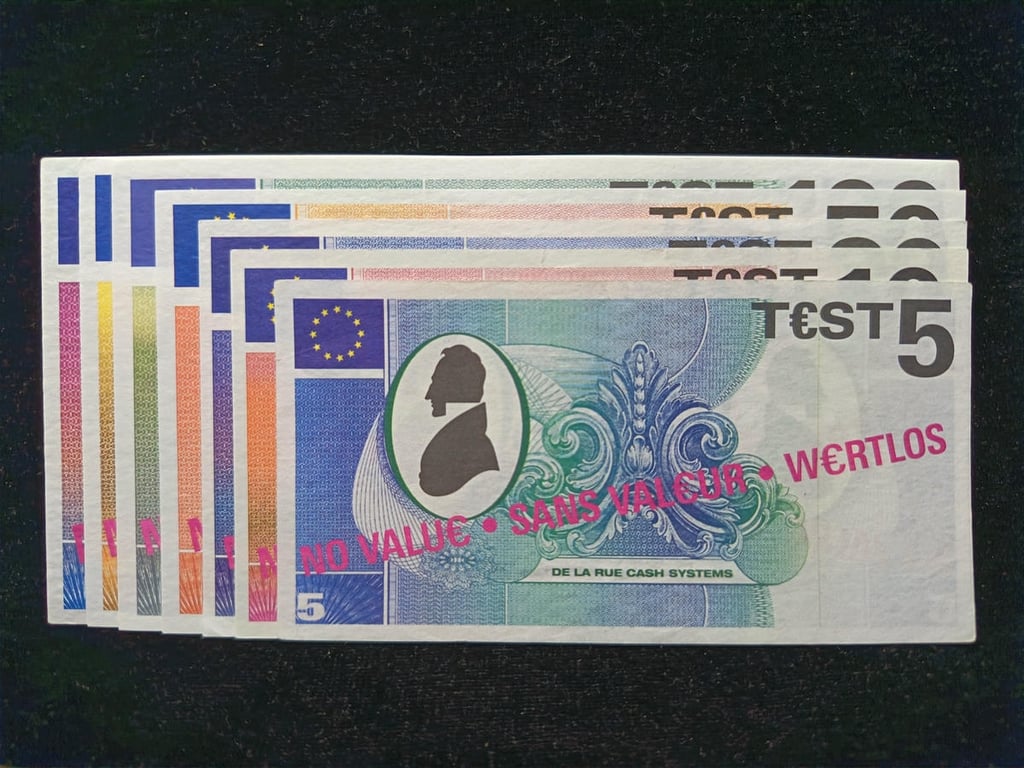 England，1990，$5-$500，De La Rue Cash System Test Note ,7pcs，AUNC，1 Qty 