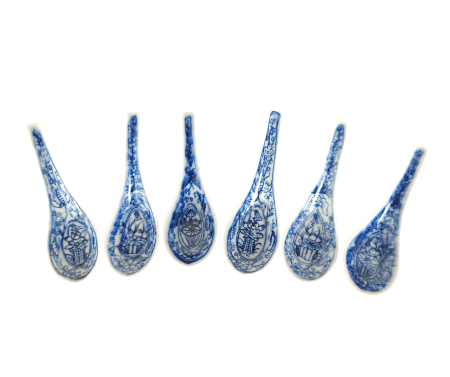 Late Qing Dynasty Blue and White Peony Foliage Spoons 晚清 青花牡丹叶卷式勺子 Qty -6