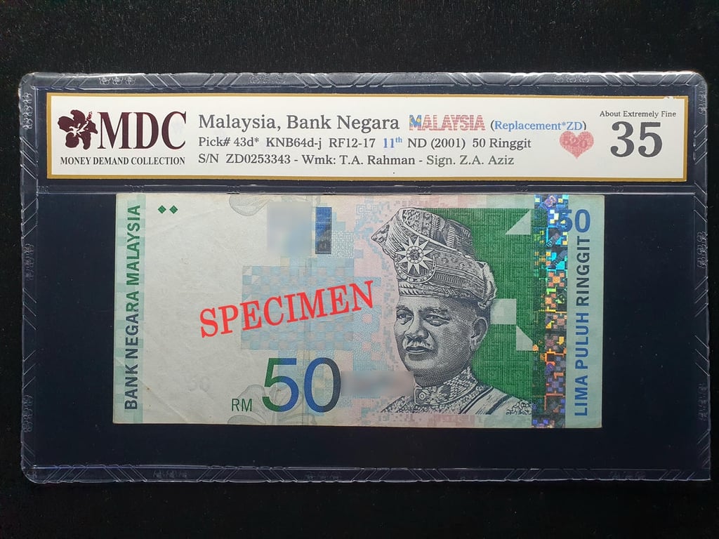 Malaysia，50 Ringgit，2001，ZD0253343，Sign.Z.A.Aziz，MDC 35，Replacement S/N#ZD's，1 Qty 