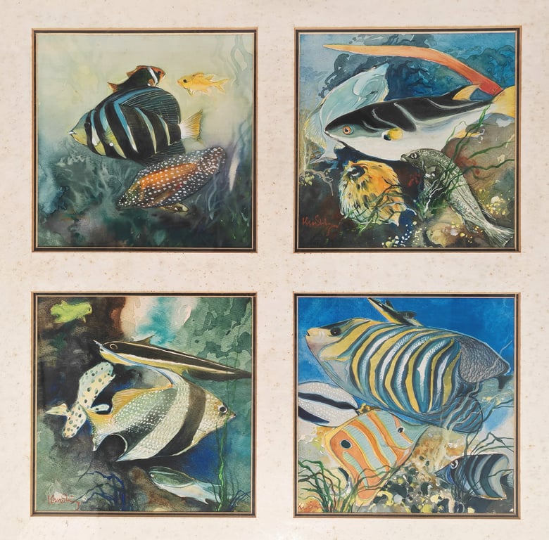 Ornamental Fish  Fong Kim Shing 邝金星  (b. Kedah, 1949 - d. 2021)  Watercolor / Framed, Qty - 4