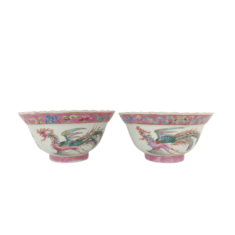 Late Qing Dynasty Classic White Ground Pink Border Phoenix Peony Buddhist Emblems Bowls, 晚清 经典白地粉红沿边凤凰牡丹八宝碗, 2pcs