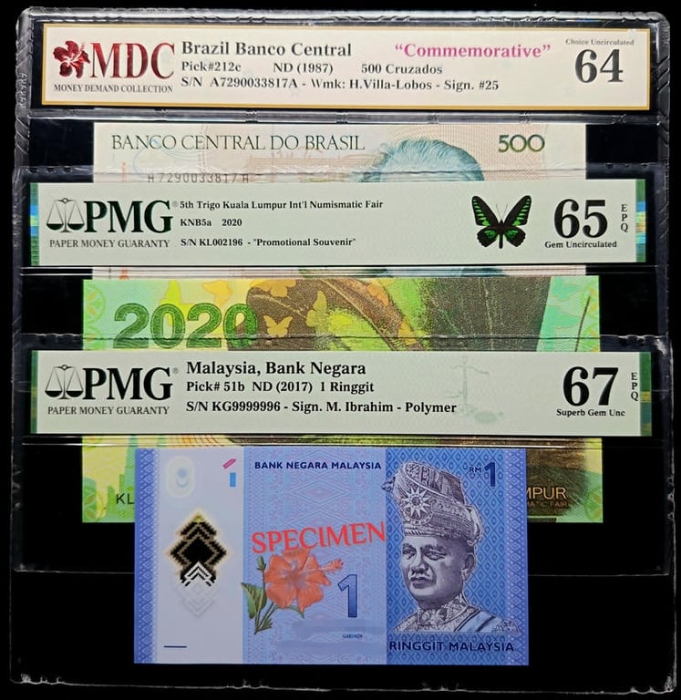 3pcs Mixed Lot: Malaysia / Trigo Fantasy / Brazil. 13th Series 2017 / 2020 / 1987 | 1 Ringgit / 500 Cruczados | PMG 67 EPQ / 65 EPQ & MDC 64 | Almost Solid#999999's | Serial : KG9999996 / KL002196 / A7290033817A | P#51b. P#212c