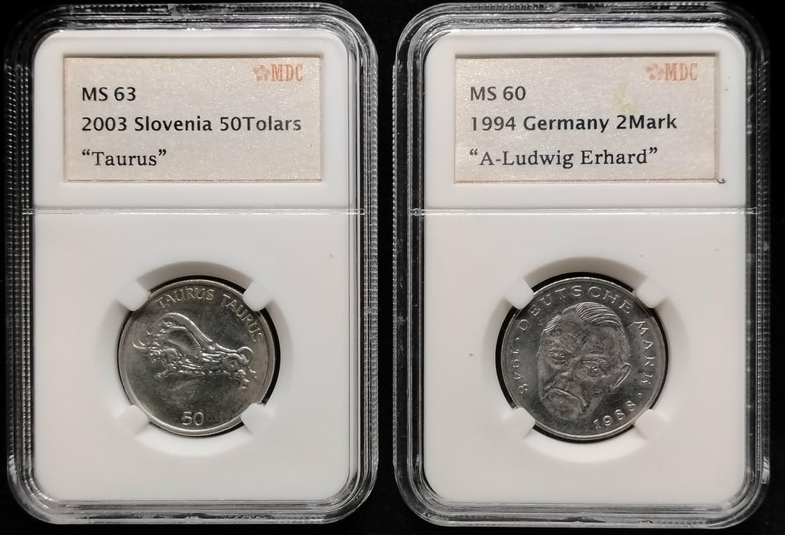 2pcs Mixed Lot: Slovenia / Germany. 2003 / 1994 | 50 Tolars / 2 Mark | MDC MS 63 / MS 60