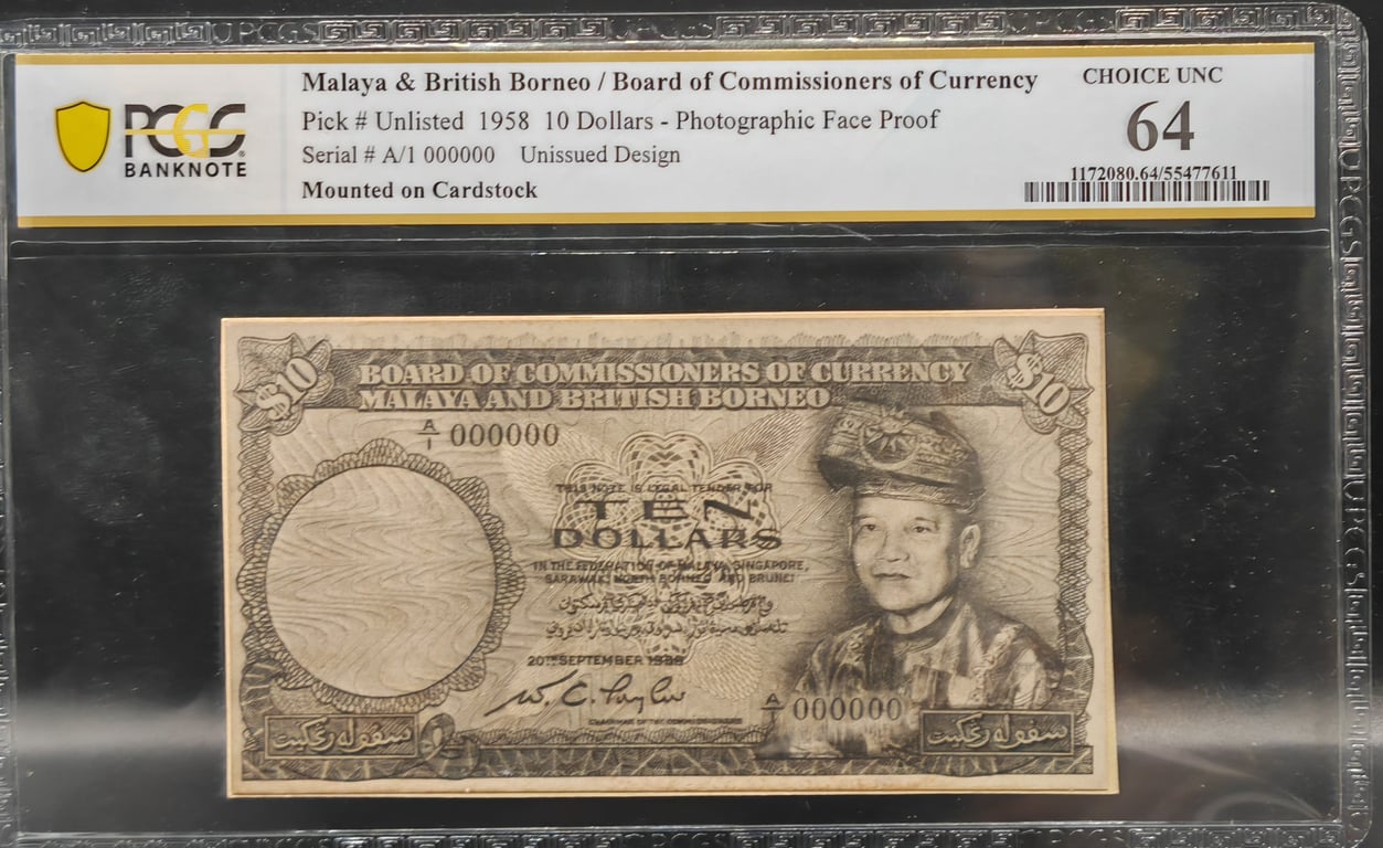 Malaya & British Borneo, 1958, 10 Dollars, A/1 000000, Tun H.S. Lee (Tun Lee Hau Shik), PCGS 64 Choice UNC