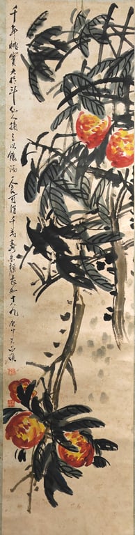 释文: 千年桃实大于斗， 仙人摘之以酿酒。 一食可得千万寿， 朱颜长如十八九。 吴昌硕  水墨  纸本  立轴, Qty-1