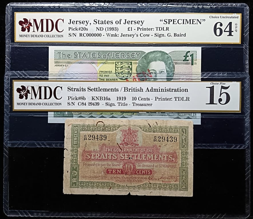 2pcs Mixed Lot: Straits Settlements / Jersey. 1919 / 1993 | 10 Cents / 1 Pound | MDC 15 / 64 GPQ | SPECIMEN | Serial : C/84 29439 / RC000000 | P#8b. P#20s