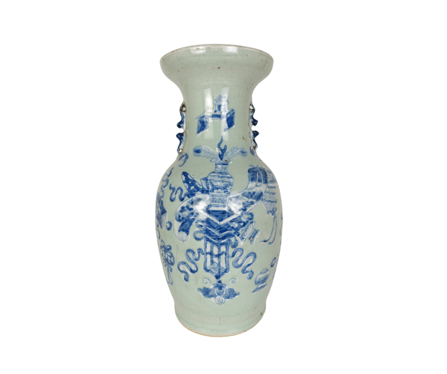 Republic Celadon Blue and White Ancient Objects Motifs Vase 民国 青瓷地青花博古纹瓶 Qty -1