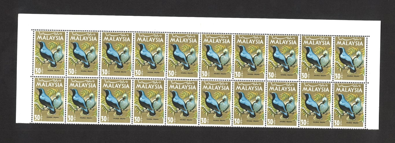 Malaysia, 1965, Bird Series 30cent Blue Colour Shifted to Right Block of 20pcs , MNH Mint