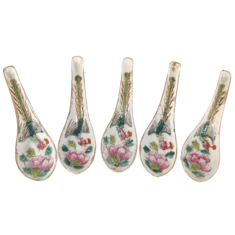 Late Qing Dynasty Classic White Ground Phoenix Peony Spoons 晚清 经典白地凤凰牡丹勺子, Qty - 5
