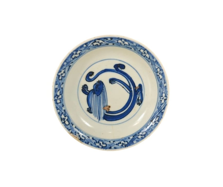 明晚期 青花夔龙纹盘 Late Ming Dynasty Blue and White Kui Dragon Motif Plate