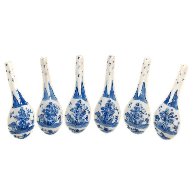 Late Qing Dynasty Blue and White Landscape Spoons 晚清 青花景观勺子, Qty - 6