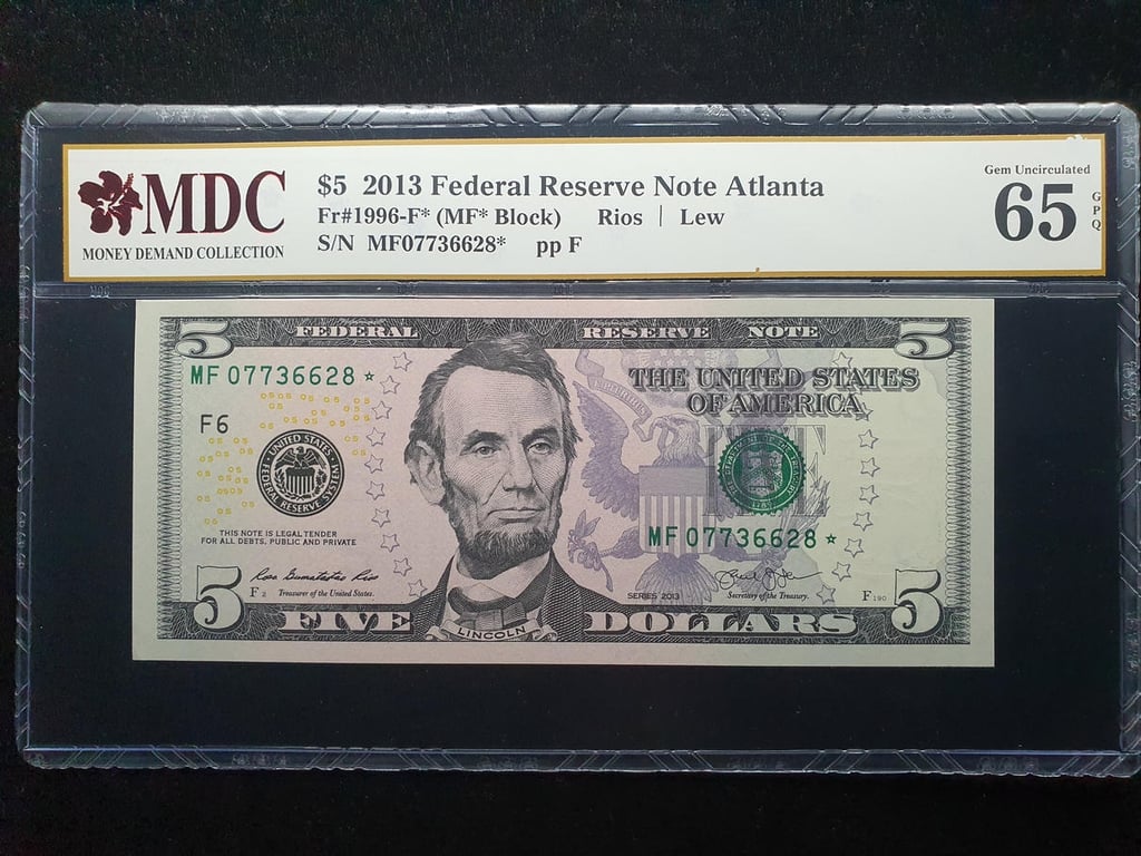 America，5 Dollars，2013，MF07736628*，MDC 65GPQ，Repleacement Stars，1 Qty 