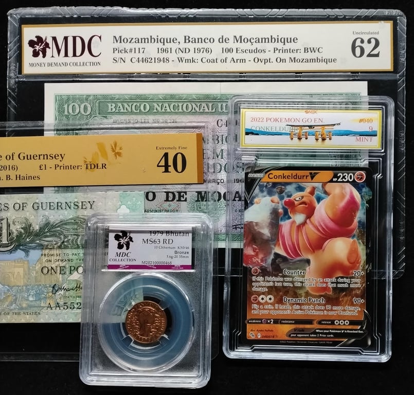 4pcs Mixed Lot: Pokemon / Bhutan / Guernsey / Mozambique. 2022 / 1979 / 2016 / 1961 | Conkeldurr V / 10 Chhertum / 1 Pound / 100 Escudos | MDC 9 Mint / 40 / 62 & MS 63RD | Serial : 040/078 ★ & AA552074 & C44621948 | KM#46. P#52d. P#117.