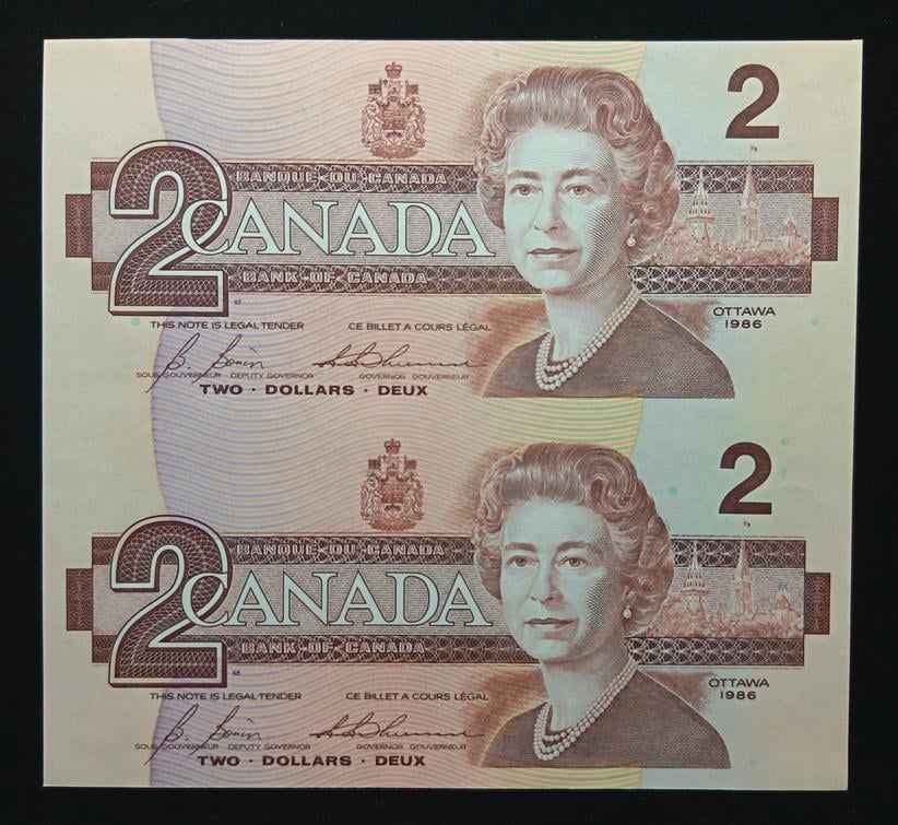 P#94, Canada，1986，2 Dollars，CBK 7866271 / CBK 7868771, Uncut Sheet of 2，UNC, Light Foxing