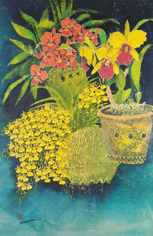 Orchids  Ho Hee Khim (b. Penang, 1948 - 2005)  Batik / Framed, Qty-1