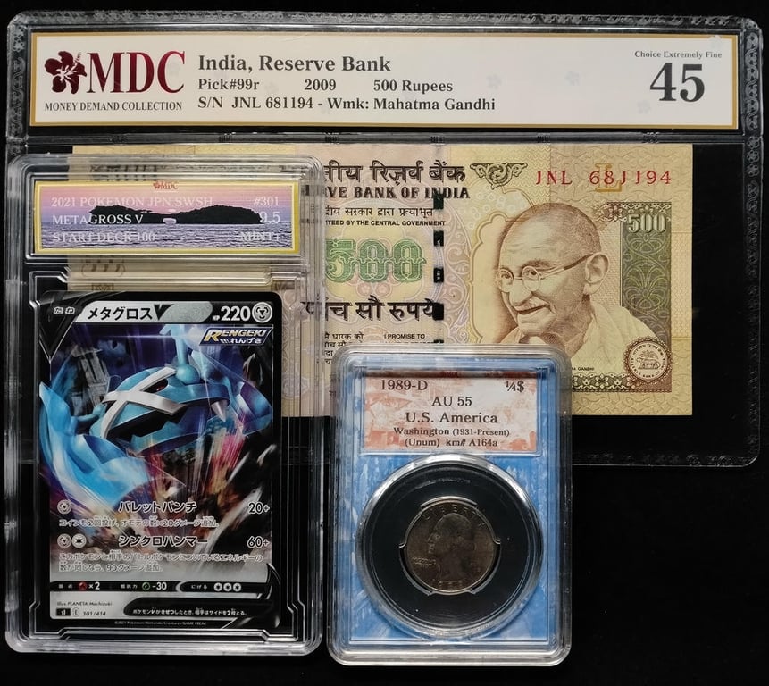 3pcs Mixed Lot: America / Pokemon / India. 1989-D / 2021 / 2009 | 1/4$ / 500 Rupees | MDC AU 55 / 9.5 Mint+ / 45 | Serial : JNL 681194 | KM#A164a. P#99r