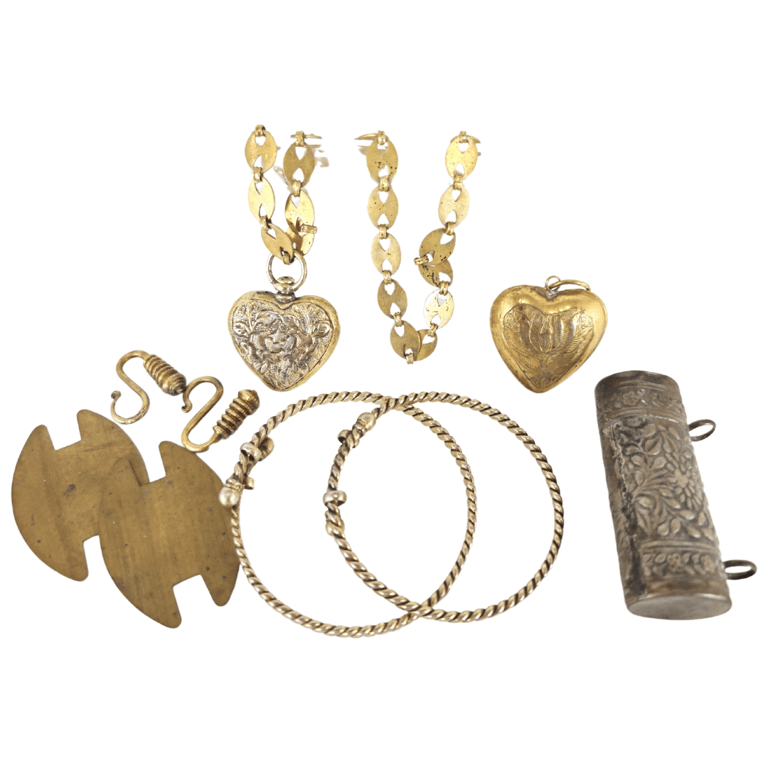 A Group of Old Peranakan Silverwares - A Necklace with Heart Shape Pendant, A Heart Shape Pendant, A Pair of Bracelets, Badge Brass Tools and Silver Amulet Case Pendant 一组侨生华人旧银器 - 一条心形吊坠项链、一个金形吊坠、一对手链、徽章铜工具和银质护身符盒吊坠, Qty - 9