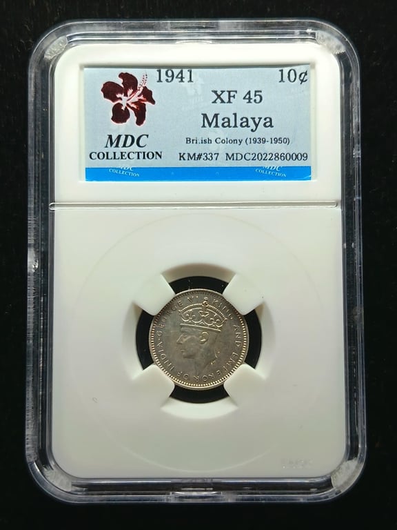 Malaya，1941，10 Cents，Silver 0.750 (2.710g)，MDC XF 45，1 Qty 