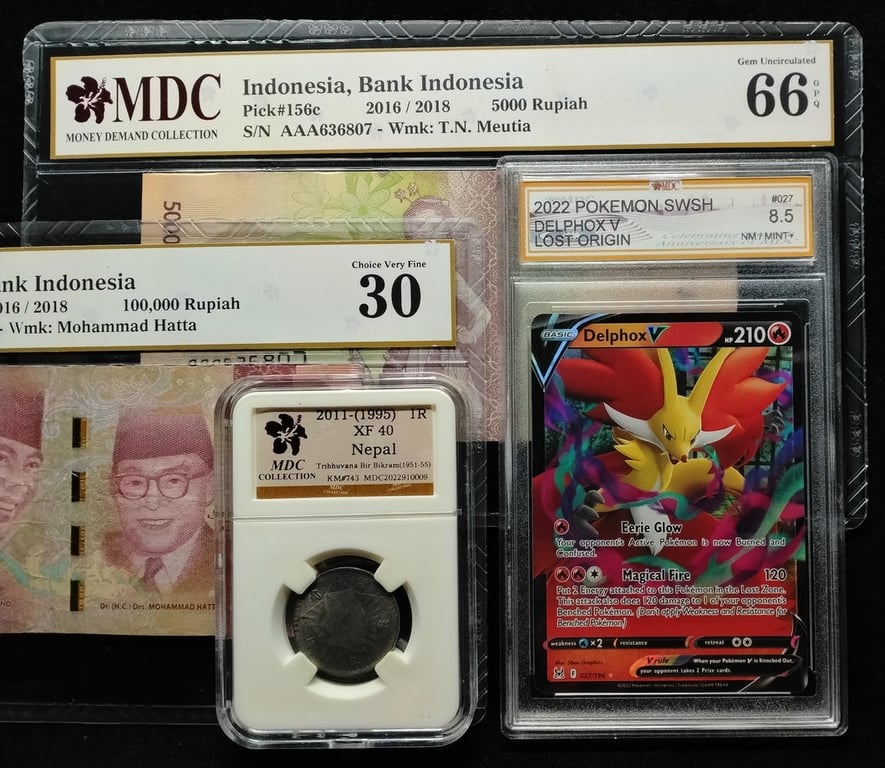 4pcs Mixed Lot: Pokemon / Nepal / Indonesia. 2022 / 2011 / 2016 | 1 R / 100,000 Rupiah / 5000 Rupiah | MDC 8.5 NM Mint+ / XF 40 / 30 / 66 GPQ | Serial : MDE030674 & AAA636807 | KM#743. P#160c. P#156c