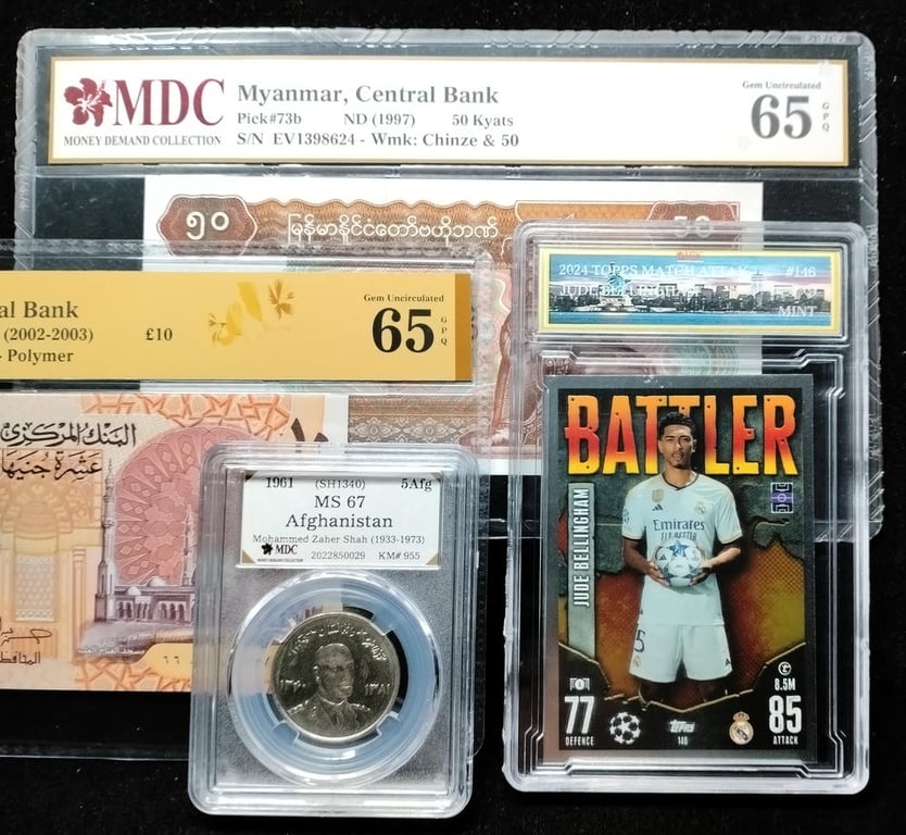 4pcs Mixed Lot: Afghanistan / Match Attax / Egypt / Myanmar. 1961 / 2002 / 1997 | 5Afg / 10 Pounds / 50 Kyats | MDC MS 67 / 9 Mint / 65 GPQ | Serial : 66D0813712 & EV1398624 | KKM#955. P#81. P#73b