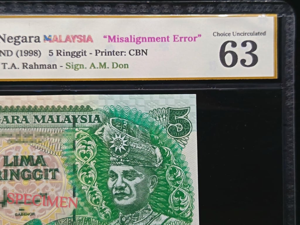 Malayisa，1998，5 Ringgit，QM4113254, Misalignment Error，MDC 63，1 Qty 