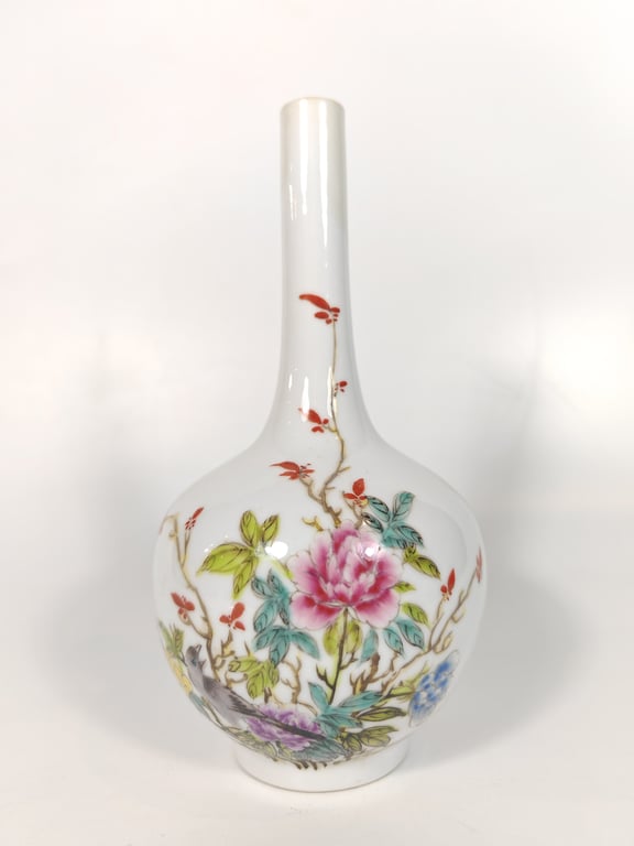 Famille Rose Flower Calligraphy Bottle Vase