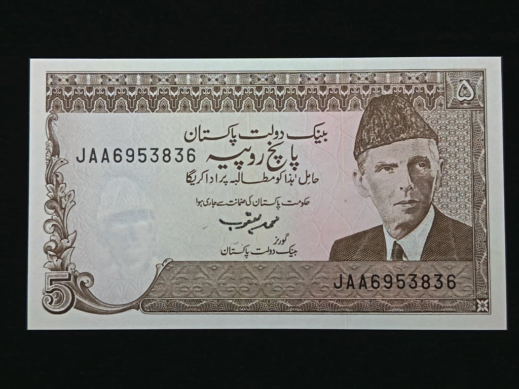 Pakistan，1976，5 Rupees，JAA 6953836，UNC，1 Qty 