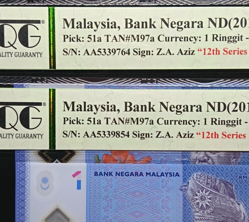 Malaysia，2012，1 Ringgit，AA 5339854 / 764, First Prefix#AA's，TQG 65 GEPQ，1 Qty 