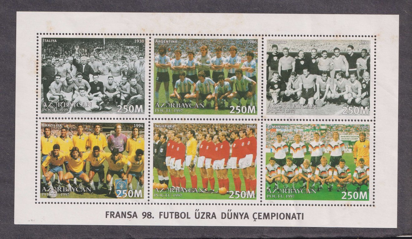 France, 1997, Stamp, Stamp, Mint, Fransa 98., ”Futbol Uzra Dunya Cempionati", 250M, 1938, 1986, 1980, 1994, 1966, 1990, Sold as is