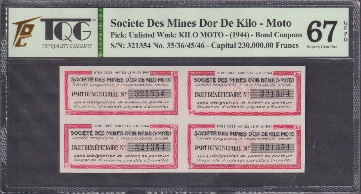 Belgian Congo (present day Democratic Republic of the Ccongo), 1944, Capital 230,000,000 Francs, Societe Des Mines Dor De Kilo - Moto, Bond Coupons, 321354 No. 35/36/45/46, TQG 67 GEPQ