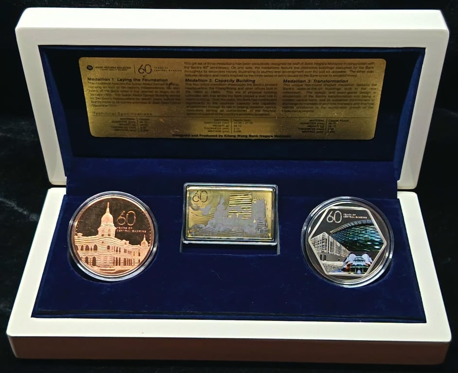 Malaysia, 60th Anniv of BNM, Proof Set of 3 Medallion, 2019, Proof, N.Gold Oxidized, Copper tiny spot