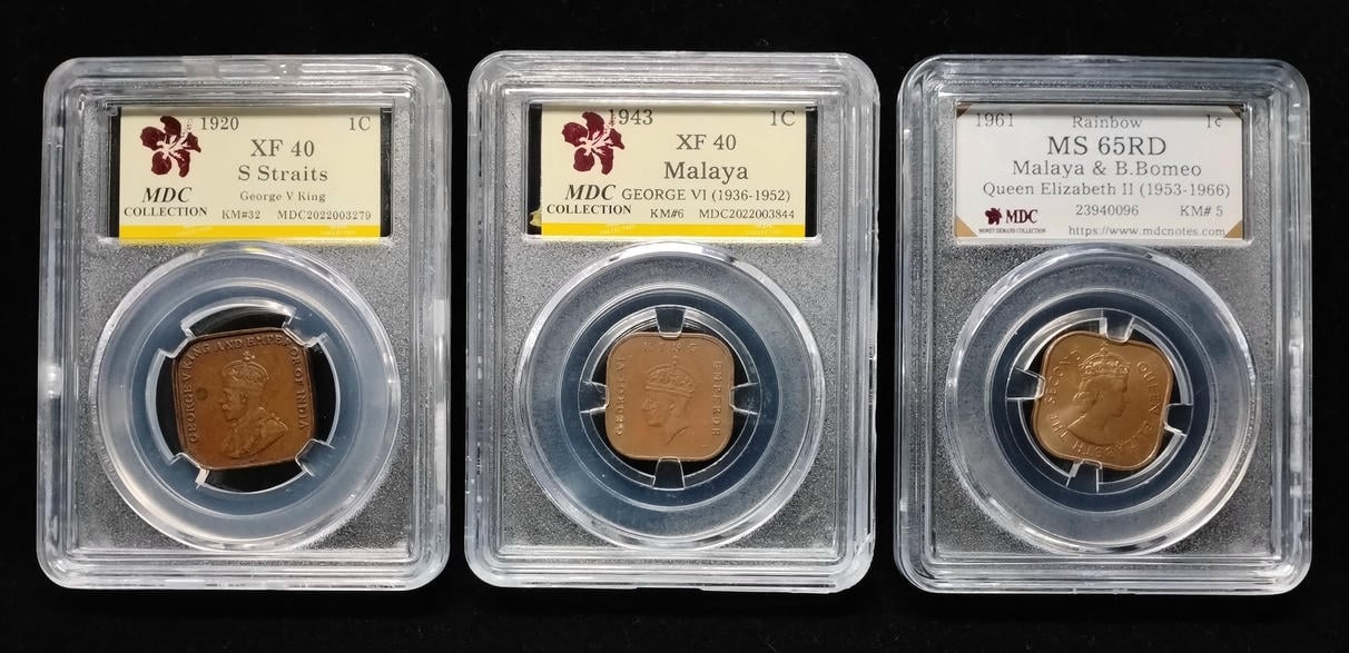 Straits Settlements & Malaya, 1920 - 1961, Georgo V King, George VI & Queen Elizabeth II, MDC XF 40 & MDC MS 65 RD, 3 Qty