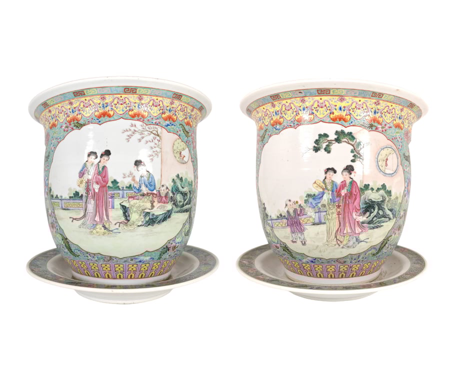 1950s-1970s A Pair of Turquoise Green Ground White Inner Panel Flowers Cricket Ladies Large Flower Pot with Tray 创汇期 一对绿松石地白地开光花卉蟋蟀仕女大型花盆与托盘, Qty - 2