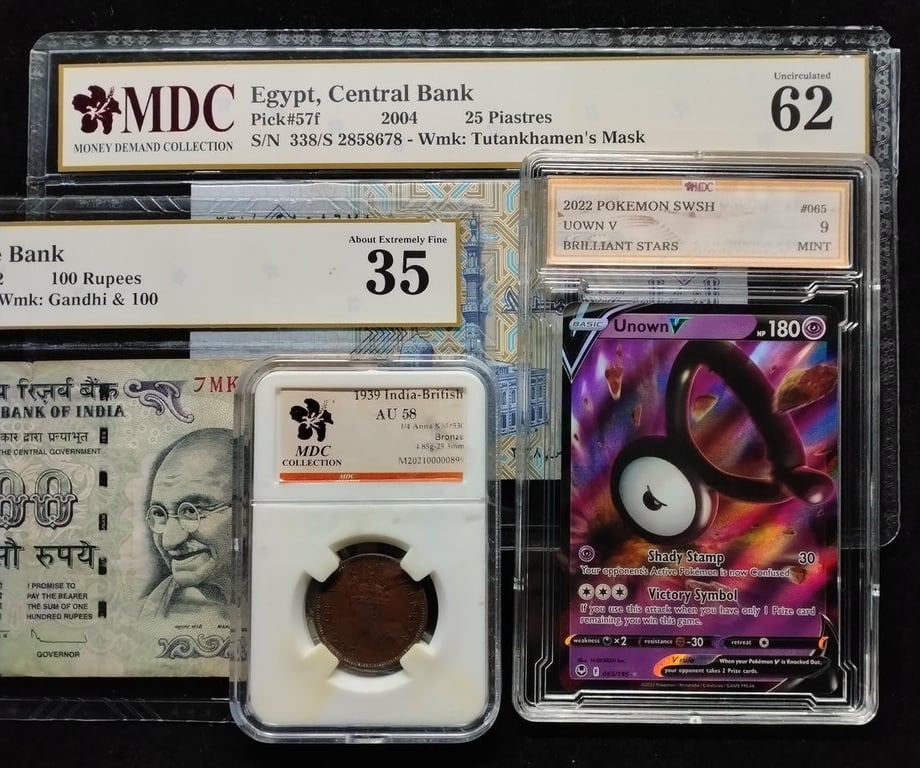 4pcs Mixed Lot: Pokemon / India - British / Egypt / India. 2022 / 1939 / 2004 / 2012 | 1/4 Anna / 25 Piastres / 100 Rupees | MDC 9 Mint / AU 58 / 62 / 35 | Serial: 338/S 2858678 & 7MK 539653 | KM#530. P#57f. P#105c